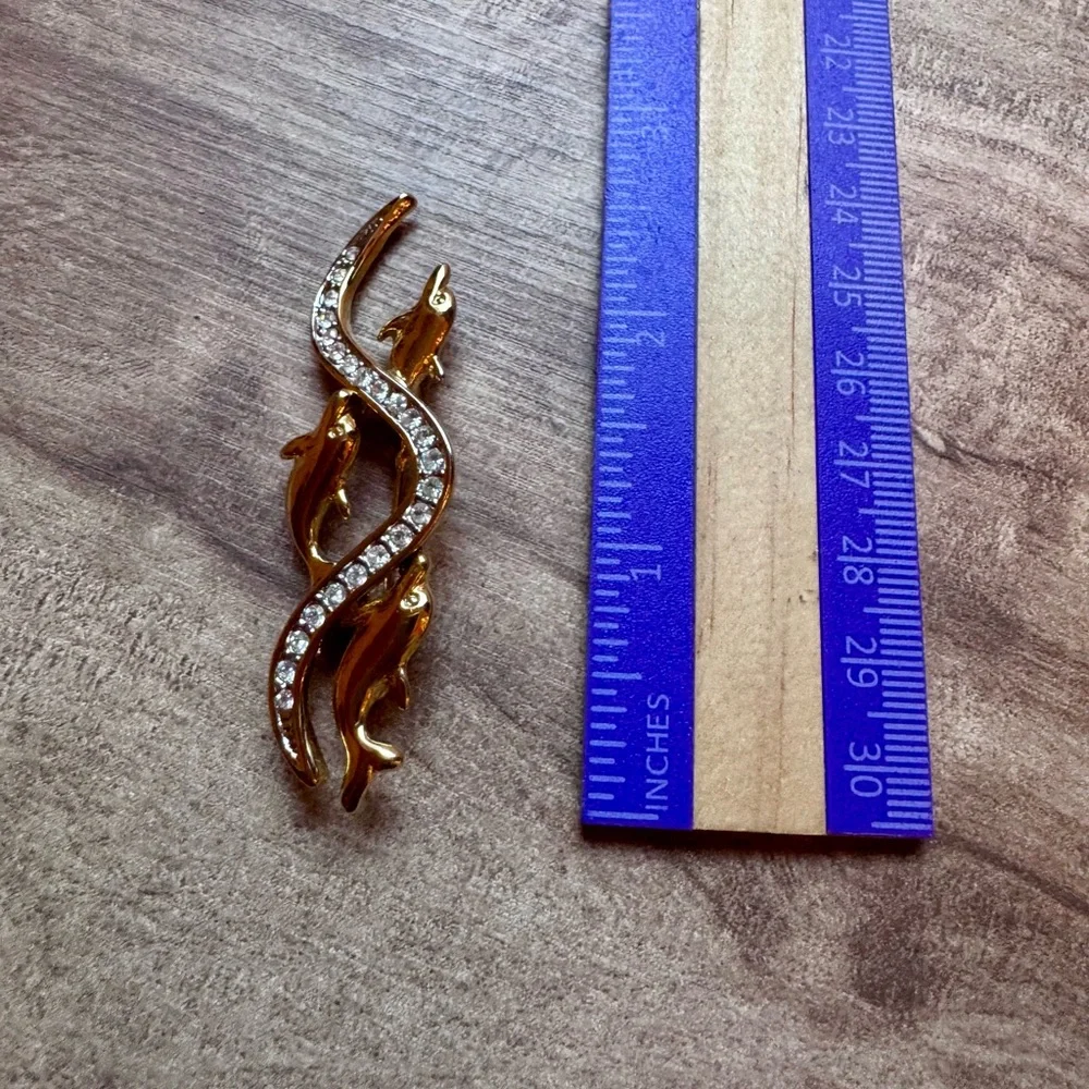 Swimming Dolphins Riding Rhinestone Wave Pin Brooch 2 Tone Costume Unsigned